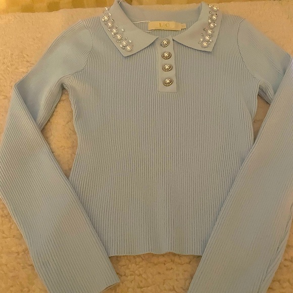 L+C  (Medium) Pearl & Rhinestone Sequins Embellished Pastel Blue Ribbed Sweater - Picture 1 of 11